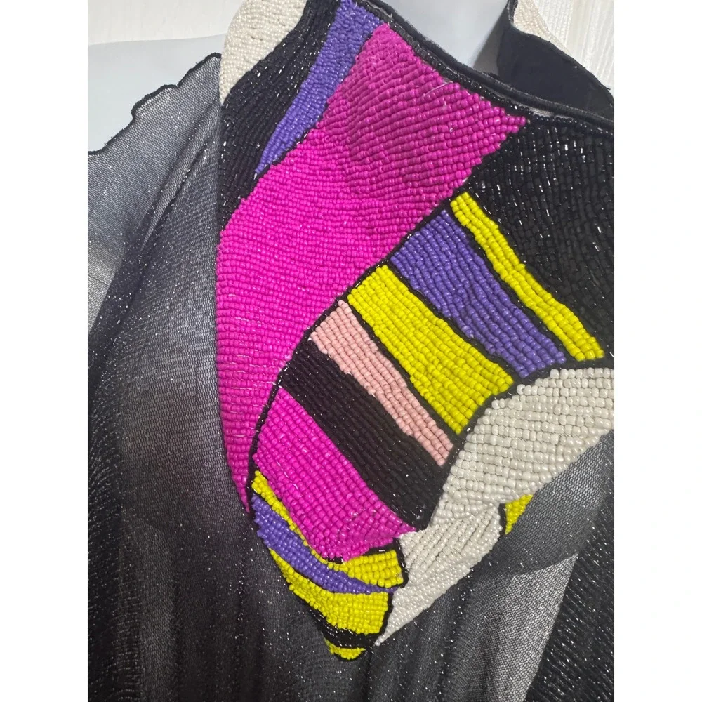 Vintage Beaded Triangle Scarf Necklace Abstract Pop Art Bandana Statement Pink